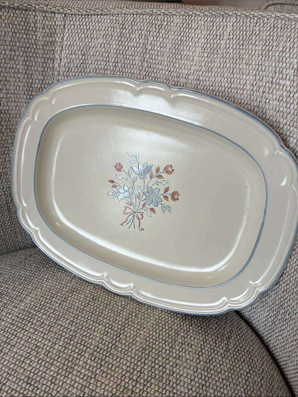 Vintage Cordella Stoneware 12" Oval Scalloped Bluet Platter with Bouquet and Bow